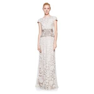 NWT Tadashi Shoji Ivory Latte Pumice Lace Tulle Nomi Formal Maxi Gown Size 12